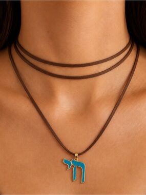 Gold and Turquoise Chai Charm Pendant Brown Wrap Necklace - 18K Real Gold Plated